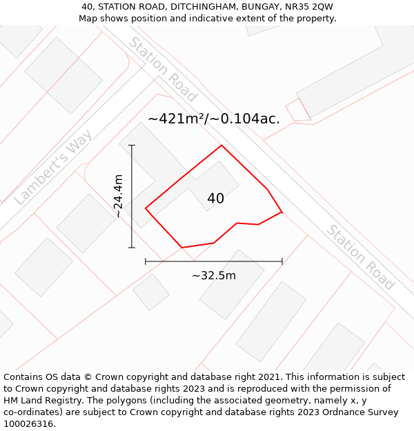 40, STATION ROAD, DITCHINGHAM, BUNGAY, NR35 2QW: Plot and title map