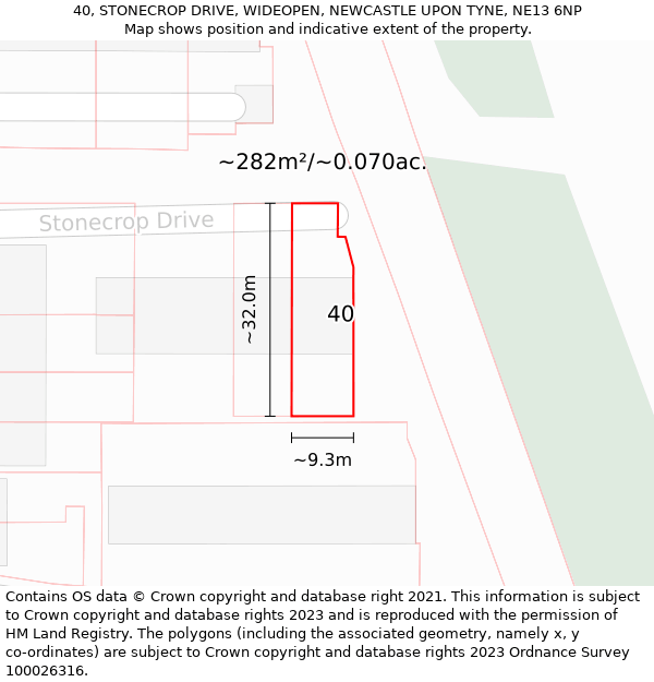 40, STONECROP DRIVE, WIDEOPEN, NEWCASTLE UPON TYNE, NE13 6NP: Plot and title map
