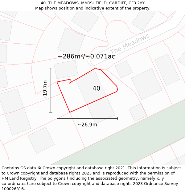 40, THE MEADOWS, MARSHFIELD, CARDIFF, CF3 2AY: Plot and title map