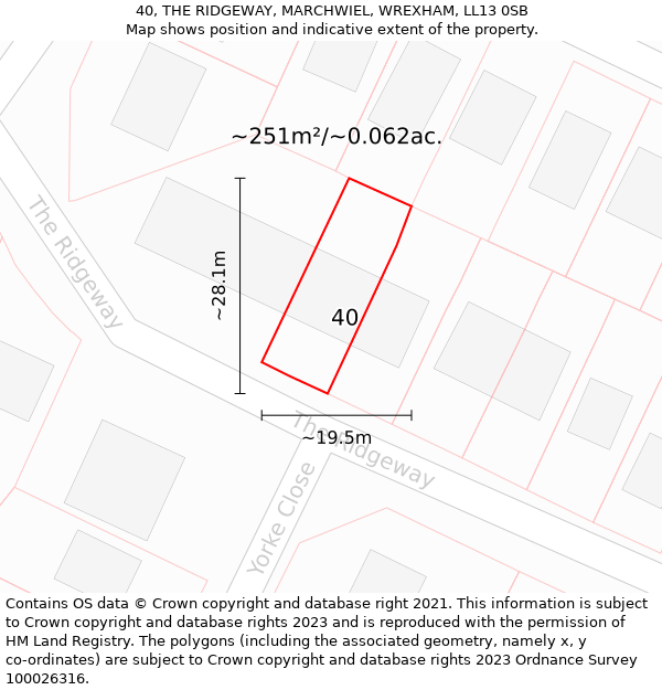 40, THE RIDGEWAY, MARCHWIEL, WREXHAM, LL13 0SB: Plot and title map