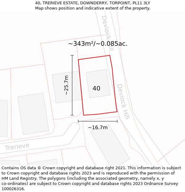 40, TRERIEVE ESTATE, DOWNDERRY, TORPOINT, PL11 3LY: Plot and title map