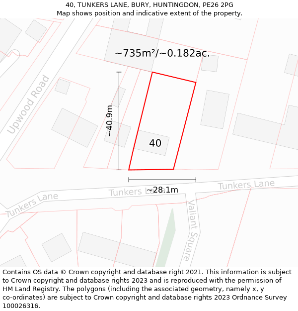 40, TUNKERS LANE, BURY, HUNTINGDON, PE26 2PG: Plot and title map