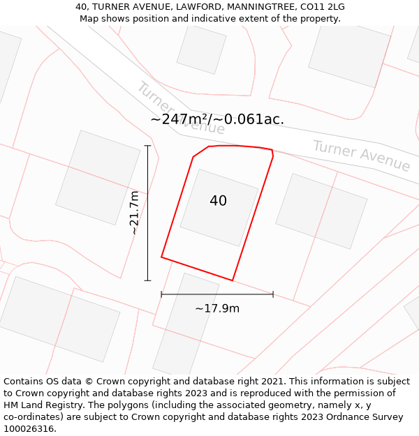 40, TURNER AVENUE, LAWFORD, MANNINGTREE, CO11 2LG: Plot and title map