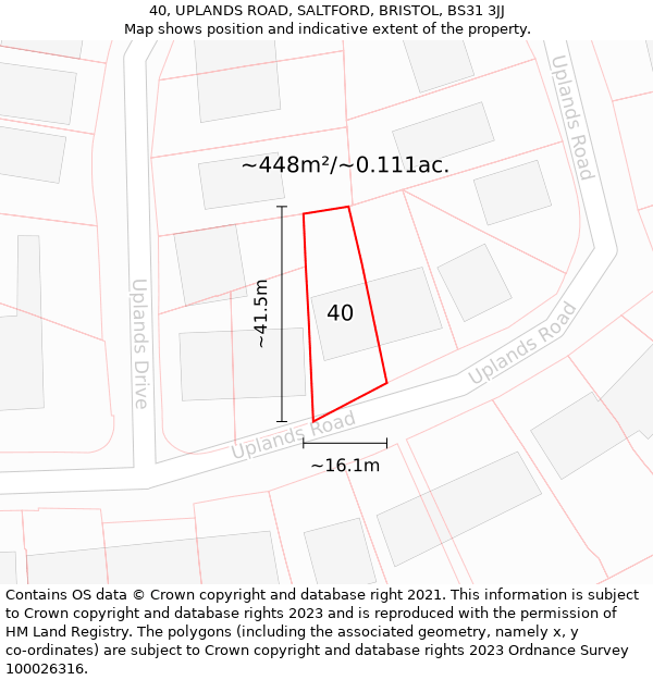 40, UPLANDS ROAD, SALTFORD, BRISTOL, BS31 3JJ: Plot and title map