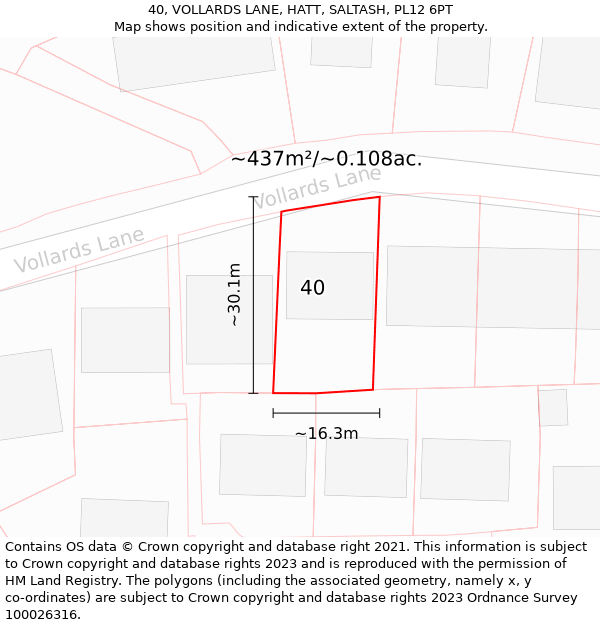 40, VOLLARDS LANE, HATT, SALTASH, PL12 6PT: Plot and title map