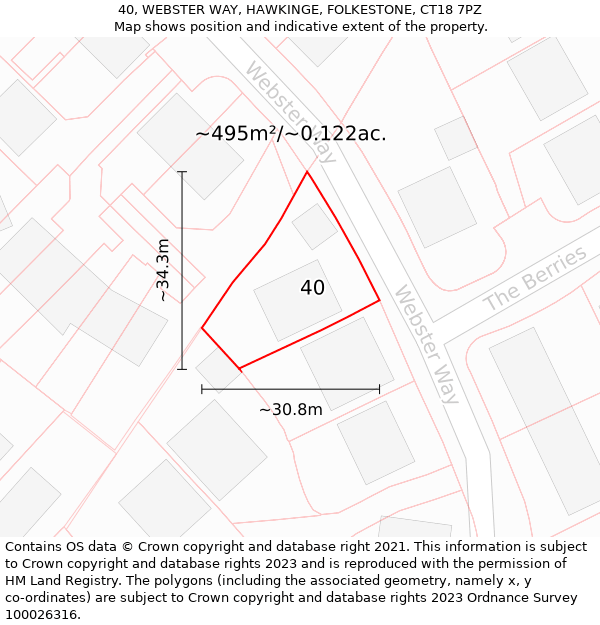 40, WEBSTER WAY, HAWKINGE, FOLKESTONE, CT18 7PZ: Plot and title map