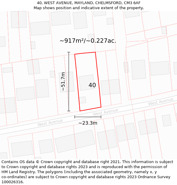 40, WEST AVENUE, MAYLAND, CHELMSFORD, CM3 6AF: Plot and title map