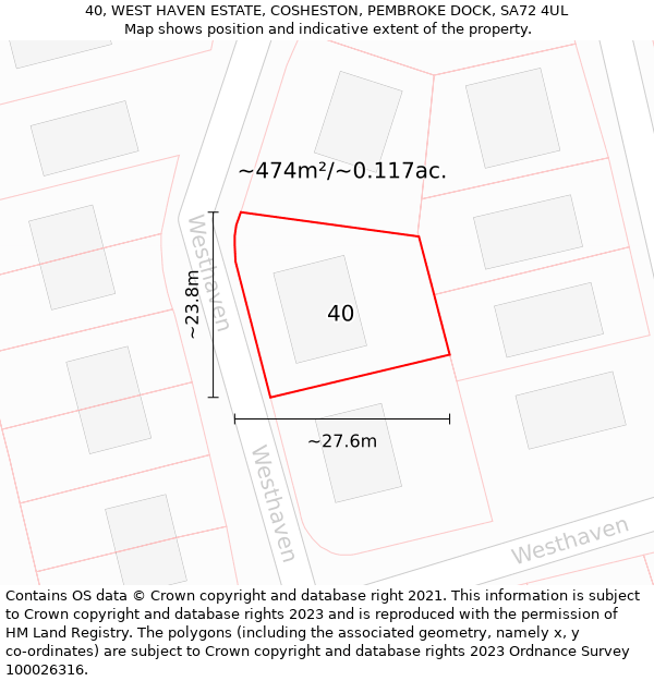 40, WEST HAVEN ESTATE, COSHESTON, PEMBROKE DOCK, SA72 4UL: Plot and title map