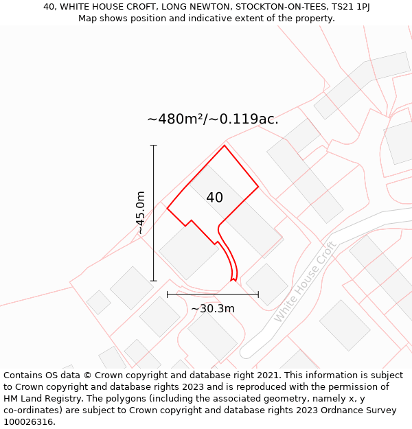 40, WHITE HOUSE CROFT, LONG NEWTON, STOCKTON-ON-TEES, TS21 1PJ: Plot and title map