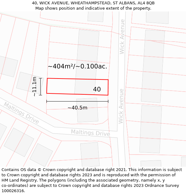 40, WICK AVENUE, WHEATHAMPSTEAD, ST ALBANS, AL4 8QB: Plot and title map