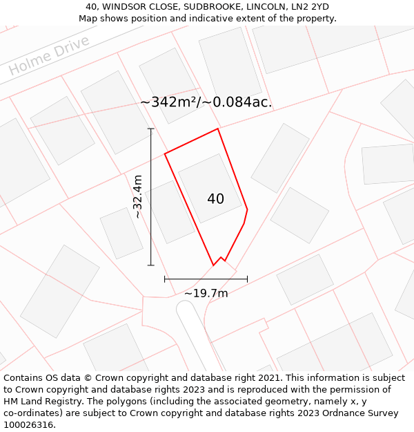 40, WINDSOR CLOSE, SUDBROOKE, LINCOLN, LN2 2YD: Plot and title map