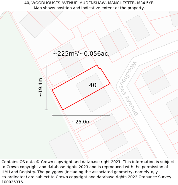 40, WOODHOUSES AVENUE, AUDENSHAW, MANCHESTER, M34 5YR: Plot and title map