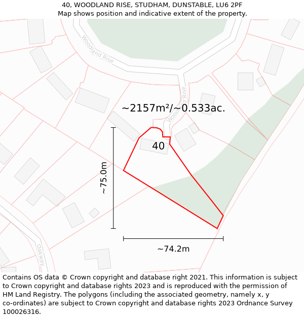 40, WOODLAND RISE, STUDHAM, DUNSTABLE, LU6 2PF: Plot and title map