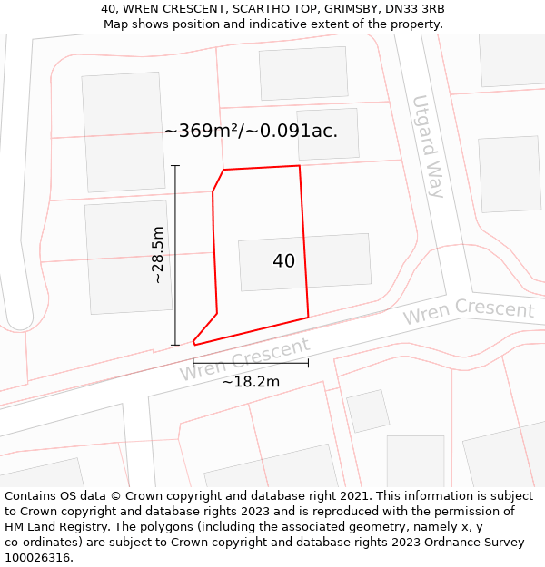 40, WREN CRESCENT, SCARTHO TOP, GRIMSBY, DN33 3RB: Plot and title map