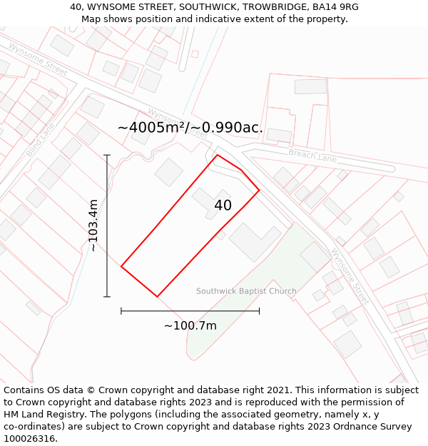 40, WYNSOME STREET, SOUTHWICK, TROWBRIDGE, BA14 9RG: Plot and title map