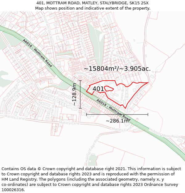 401, MOTTRAM ROAD, MATLEY, STALYBRIDGE, SK15 2SX: Plot and title map