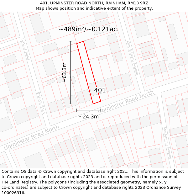 401, UPMINSTER ROAD NORTH, RAINHAM, RM13 9RZ: Plot and title map