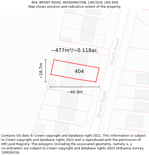 404, BRANT ROAD, WADDINGTON, LINCOLN, LN5 9AN: Plot and title map