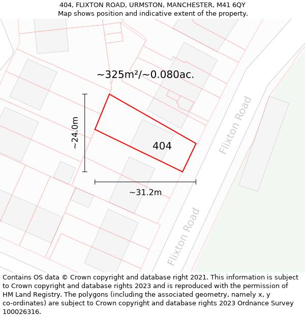 404, FLIXTON ROAD, URMSTON, MANCHESTER, M41 6QY: Plot and title map