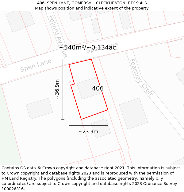 406, SPEN LANE, GOMERSAL, CLECKHEATON, BD19 4LS: Plot and title map