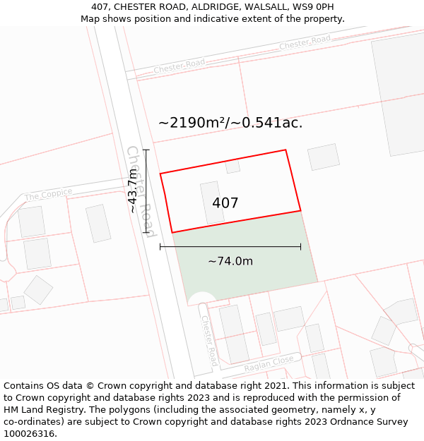 407, CHESTER ROAD, ALDRIDGE, WALSALL, WS9 0PH: Plot and title map