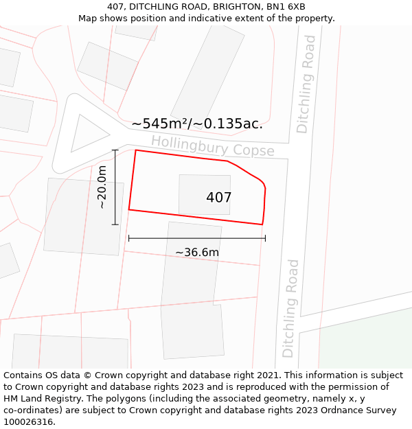 407, DITCHLING ROAD, BRIGHTON, BN1 6XB: Plot and title map