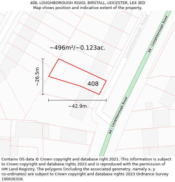 408, LOUGHBOROUGH ROAD, BIRSTALL, LEICESTER, LE4 3ED: Plot and title map