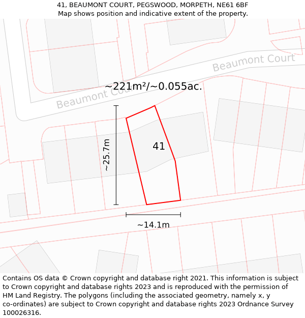 41, BEAUMONT COURT, PEGSWOOD, MORPETH, NE61 6BF: Plot and title map