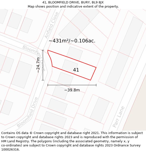 41, BLOOMFIELD DRIVE, BURY, BL9 8JX: Plot and title map