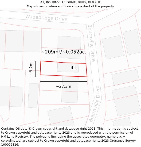 41, BOURNVILLE DRIVE, BURY, BL8 2UF: Plot and title map