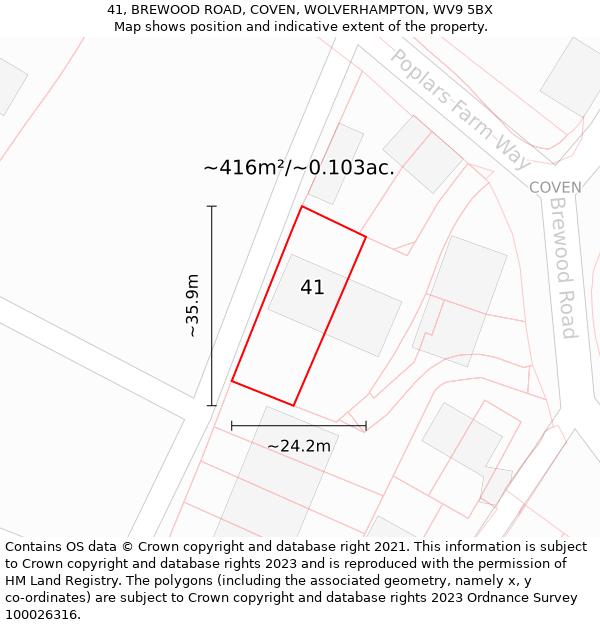 41, BREWOOD ROAD, COVEN, WOLVERHAMPTON, WV9 5BX: Plot and title map
