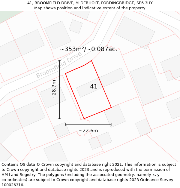 41, BROOMFIELD DRIVE, ALDERHOLT, FORDINGBRIDGE, SP6 3HY: Plot and title map