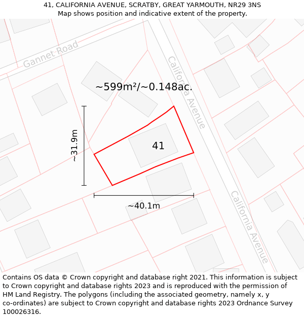 41, CALIFORNIA AVENUE, SCRATBY, GREAT YARMOUTH, NR29 3NS: Plot and title map