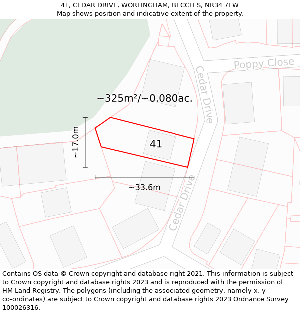 41, CEDAR DRIVE, WORLINGHAM, BECCLES, NR34 7EW: Plot and title map