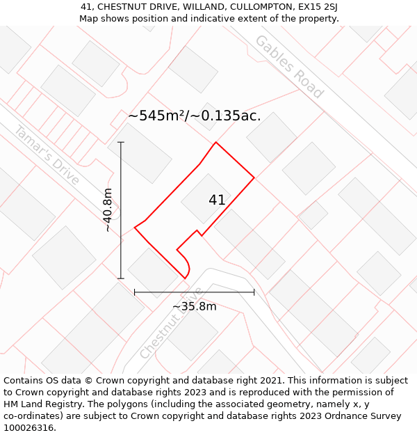 41, CHESTNUT DRIVE, WILLAND, CULLOMPTON, EX15 2SJ: Plot and title map