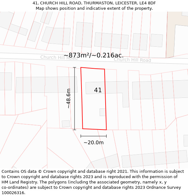 41, CHURCH HILL ROAD, THURMASTON, LEICESTER, LE4 8DF: Plot and title map