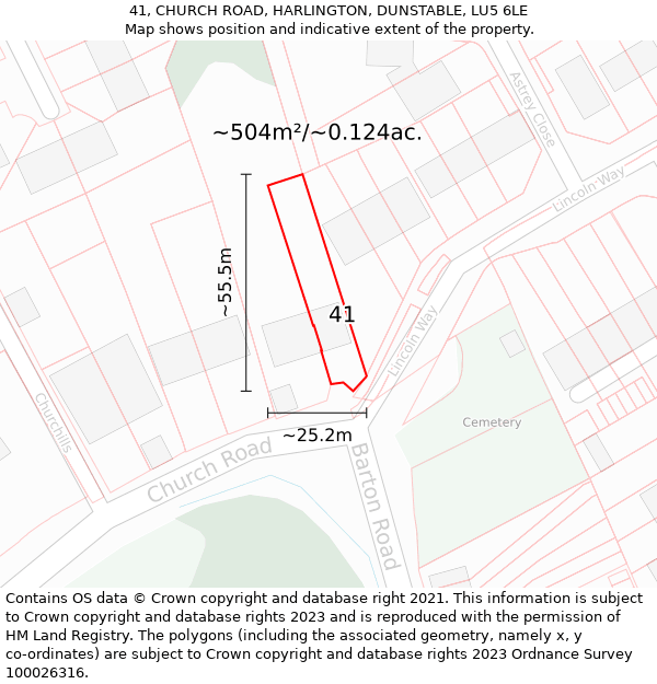 41, CHURCH ROAD, HARLINGTON, DUNSTABLE, LU5 6LE: Plot and title map