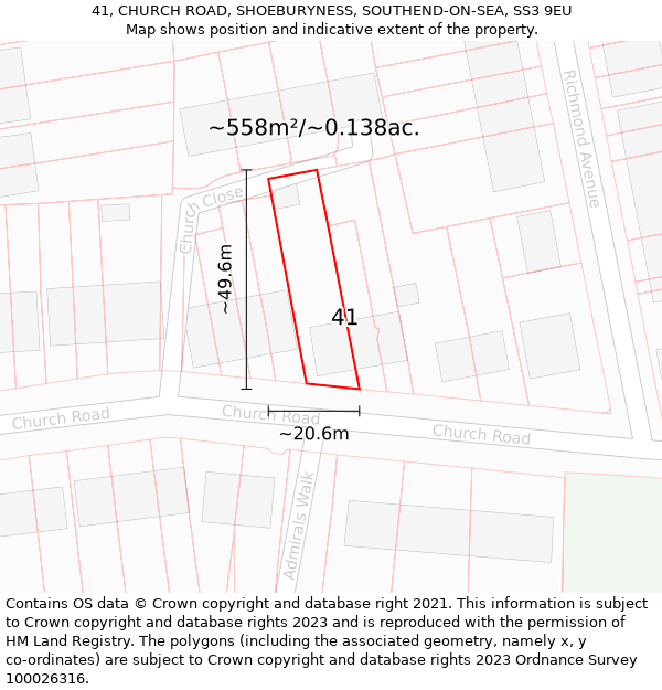 41, CHURCH ROAD, SHOEBURYNESS, SOUTHEND-ON-SEA, SS3 9EU: Plot and title map