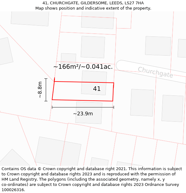 41, CHURCHGATE, GILDERSOME, LEEDS, LS27 7HA: Plot and title map