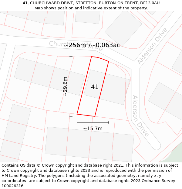 41, CHURCHWARD DRIVE, STRETTON, BURTON-ON-TRENT, DE13 0AU: Plot and title map