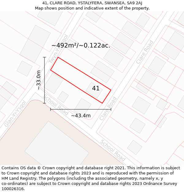 41, CLARE ROAD, YSTALYFERA, SWANSEA, SA9 2AJ: Plot and title map