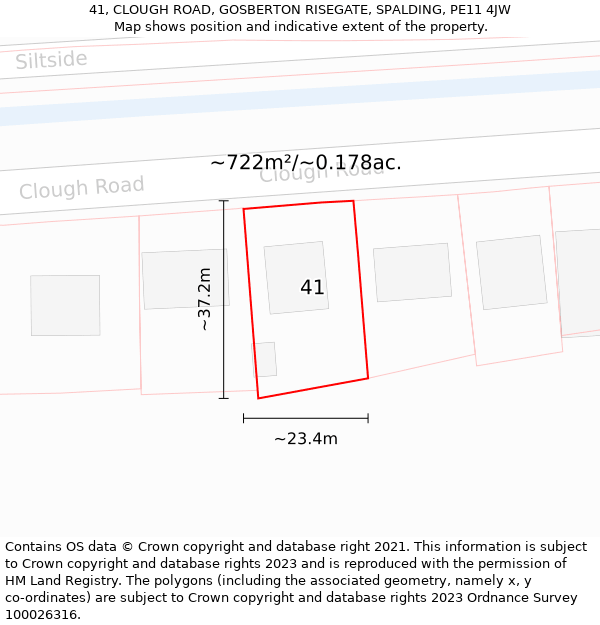 41, CLOUGH ROAD, GOSBERTON RISEGATE, SPALDING, PE11 4JW: Plot and title map