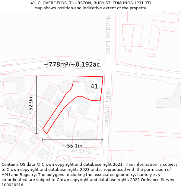 41, CLOVERFIELDS, THURSTON, BURY ST. EDMUNDS, IP31 3TJ: Plot and title map