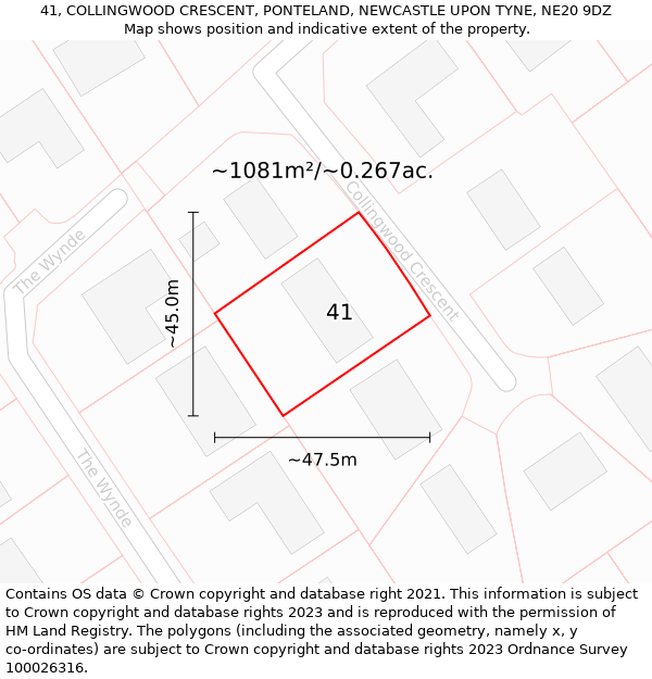 41, COLLINGWOOD CRESCENT, PONTELAND, NEWCASTLE UPON TYNE, NE20 9DZ: Plot and title map