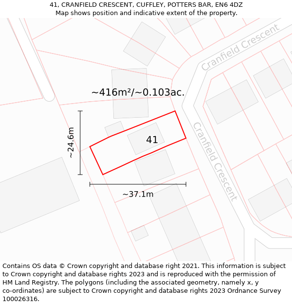 41, CRANFIELD CRESCENT, CUFFLEY, POTTERS BAR, EN6 4DZ: Plot and title map