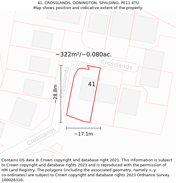 41, CROSSLANDS, DONINGTON, SPALDING, PE11 4TU: Plot and title map