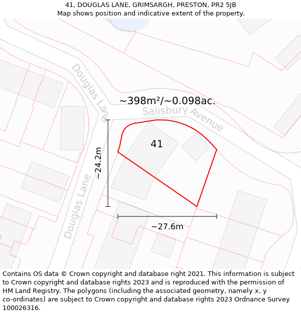 41, DOUGLAS LANE, GRIMSARGH, PRESTON, PR2 5JB: Plot and title map