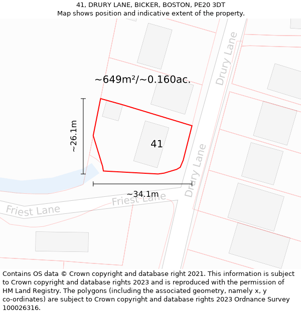 41, DRURY LANE, BICKER, BOSTON, PE20 3DT: Plot and title map