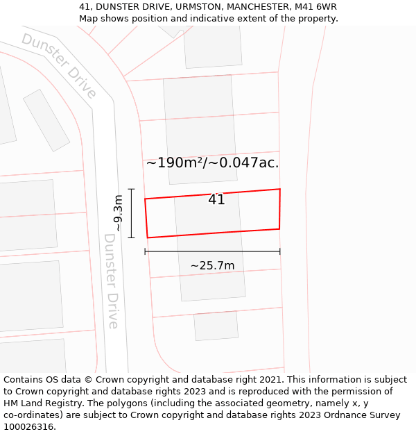 41, DUNSTER DRIVE, URMSTON, MANCHESTER, M41 6WR: Plot and title map