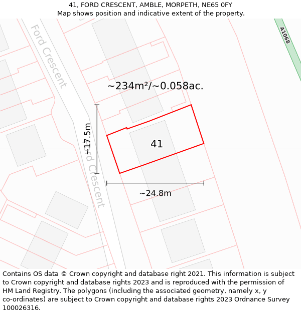 41, FORD CRESCENT, AMBLE, MORPETH, NE65 0FY: Plot and title map